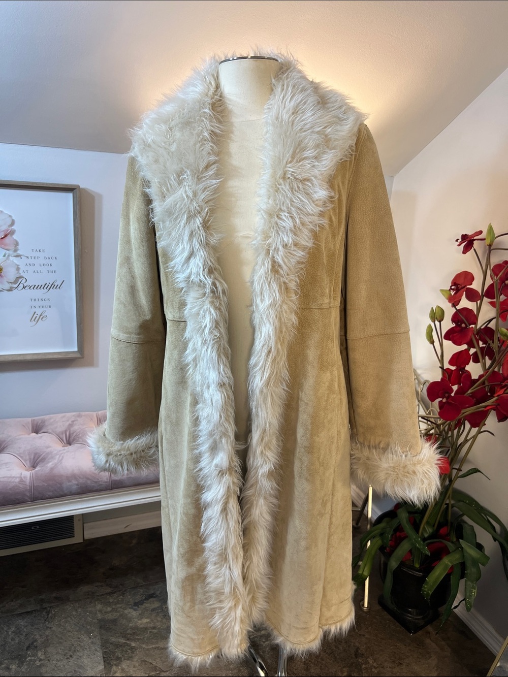 Vintage Marvin Richards Cream Suede Faux Fur Trim Penny Lane Coat Size Medium